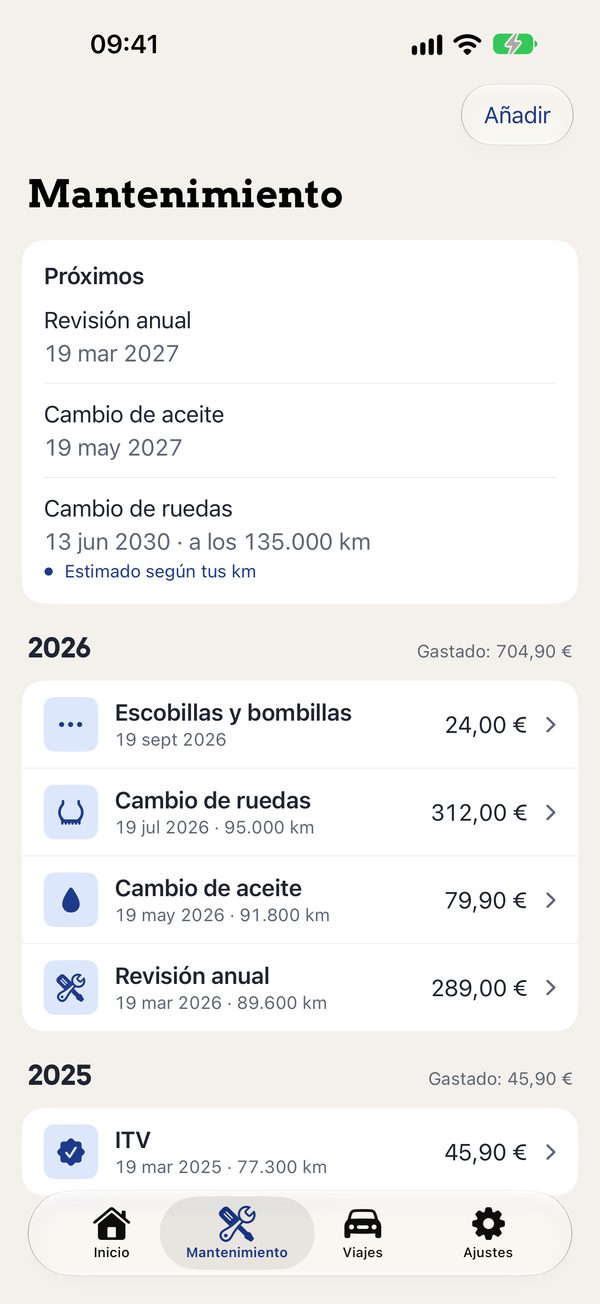 Historial de mantenimiento en la app Tuerqui