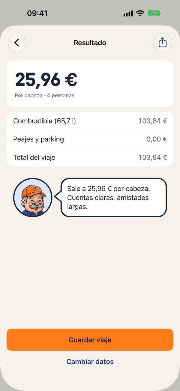 Resultado de un viaje en la app Tuerqui: lo que paga cada uno
